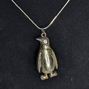 Vintage Silver Tone Hollow Penguin Pendant Charm on Thin Chain Unsigned Metal